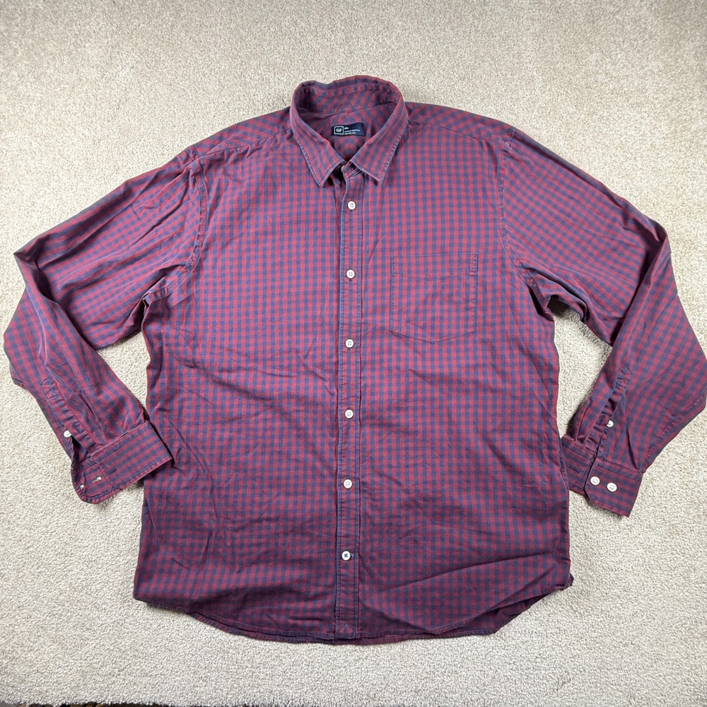 Gap Mens XXL Red Navy Blue Gingham Plaid Wrinkle Resistant Button Down Shirt